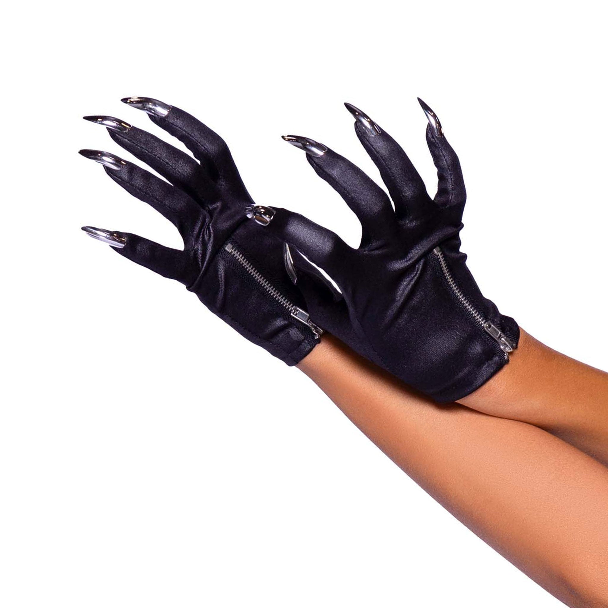 black claw gloves metallic fingertips wet look zip rave costume accessory Fetish Factory