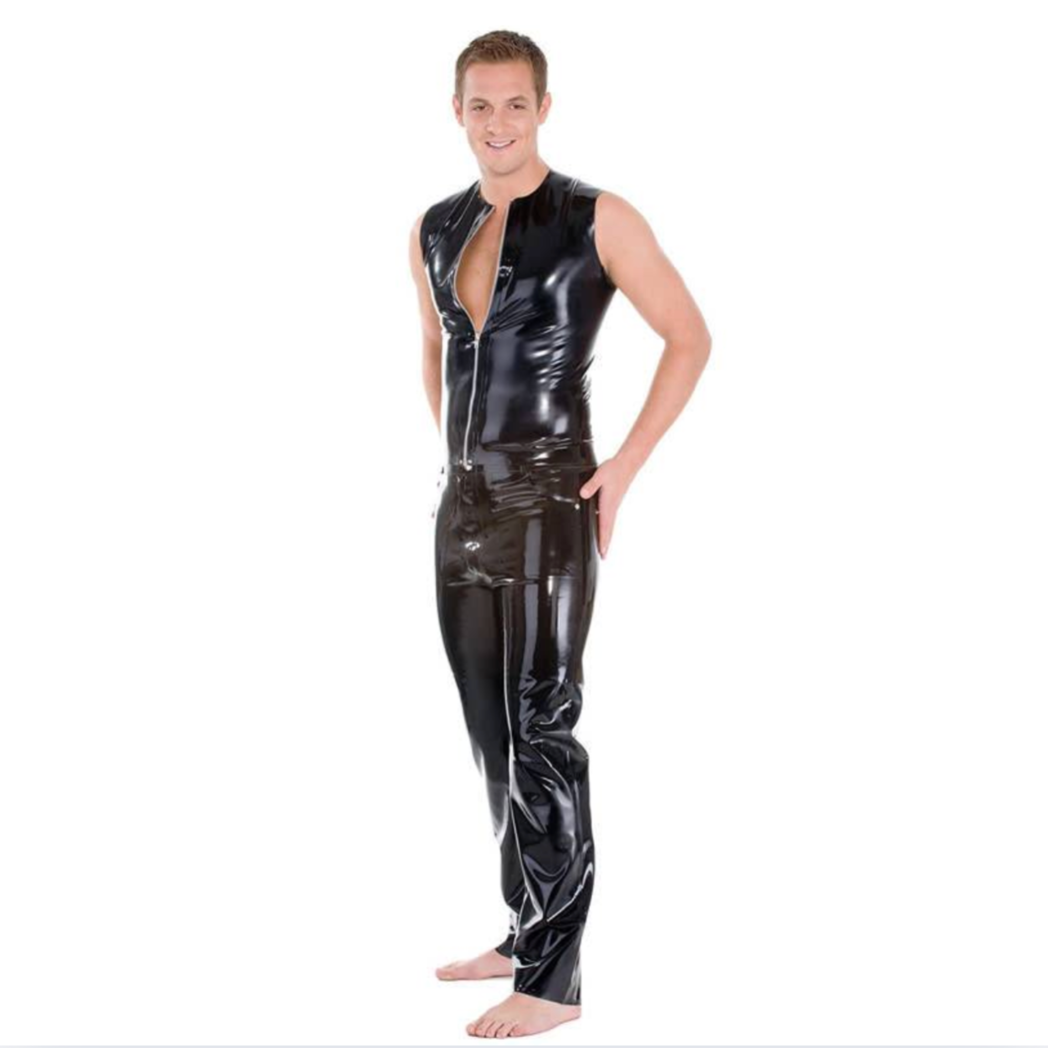 Zip front sleeveless latex t-shirt men’s latex top black rubber sleeveless fetish shirt silver front zipper shiny latex masculine latex wear seamed black rubber sleeveless fetish clothing latex fashion tight latex shirt edgy kink apparel.