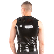 Latex rubber seamed-rubber seamed-latex apparel top shirt t-shirt tshirt tee-shirt teeshirt vest sleeveless round-neckline zipper zip front-zip full-zip bold sculpted structured adjustable-styling shiny glossy close-fit tight edgy fetish fashion alt-fashion alternative punk goth gothic cyber clubbing clubwear rave ravewear kink kinky kinkwear male masculine masc mens guys dudes black