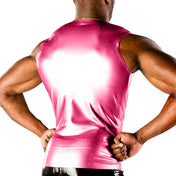 Latex rubber apparel tops vest sleeveless zipper front-zip full-zip shiny glossy fetish fashion alt-fashion alternative punk goth gothic cyberpunk festivalwear rave clubbing kink kinky kinkwear costume cosplay halloween male masculine masc mens menswear guys dudes pink