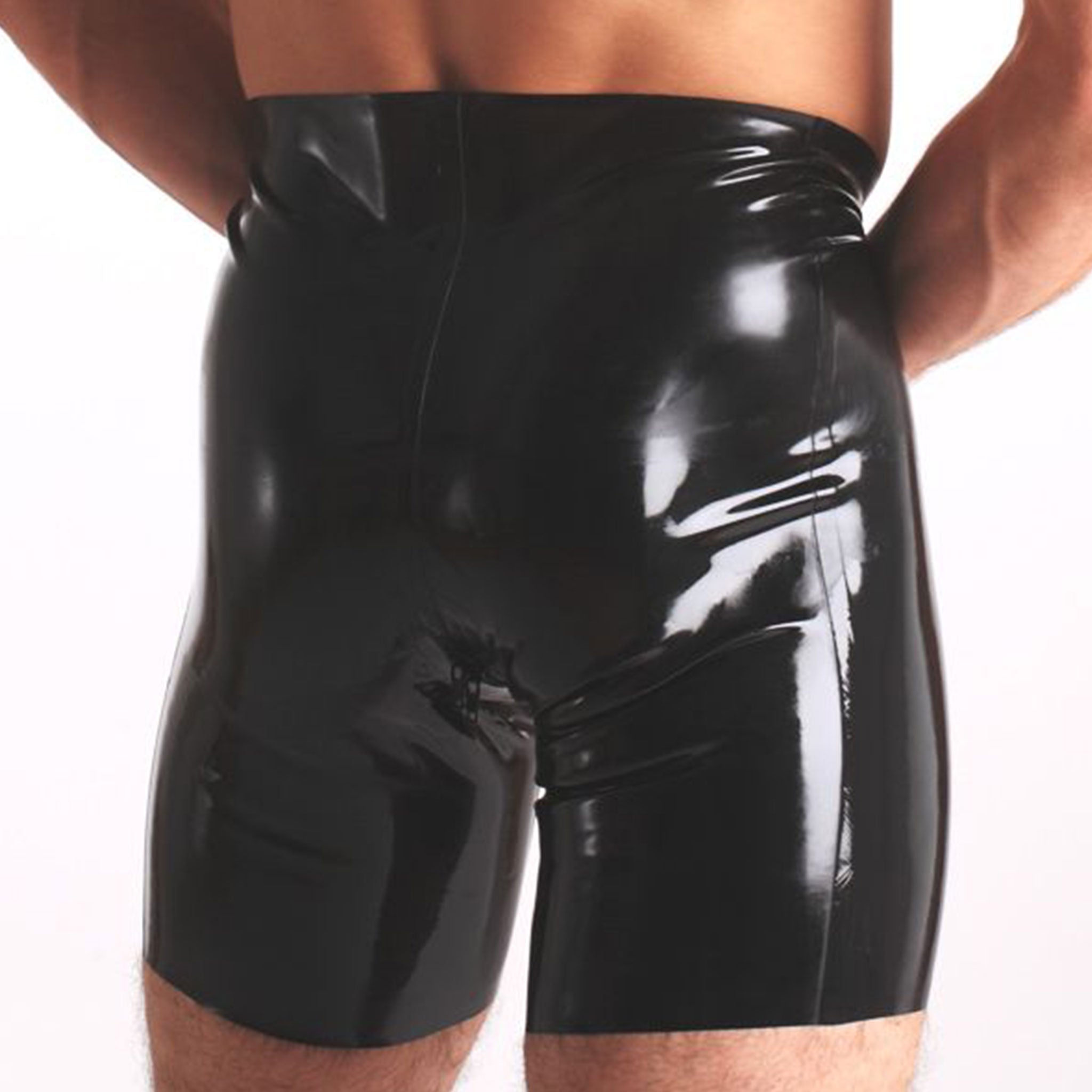 Latex rubber glued-seams apparel bottoms shorts bicycle-shorts biker-shorts cycle-shorts shaped-pouch zipper 2-way two-way 2way-zip zip-thru front-zip front-to-back shiny glossy fetish fashion alt-fashion alternative punk rock goth gothic clubwear festival rave ravewear kink kinky kinkwear costume cosplay halloween male masculine masc mens menswear guys dudes black 