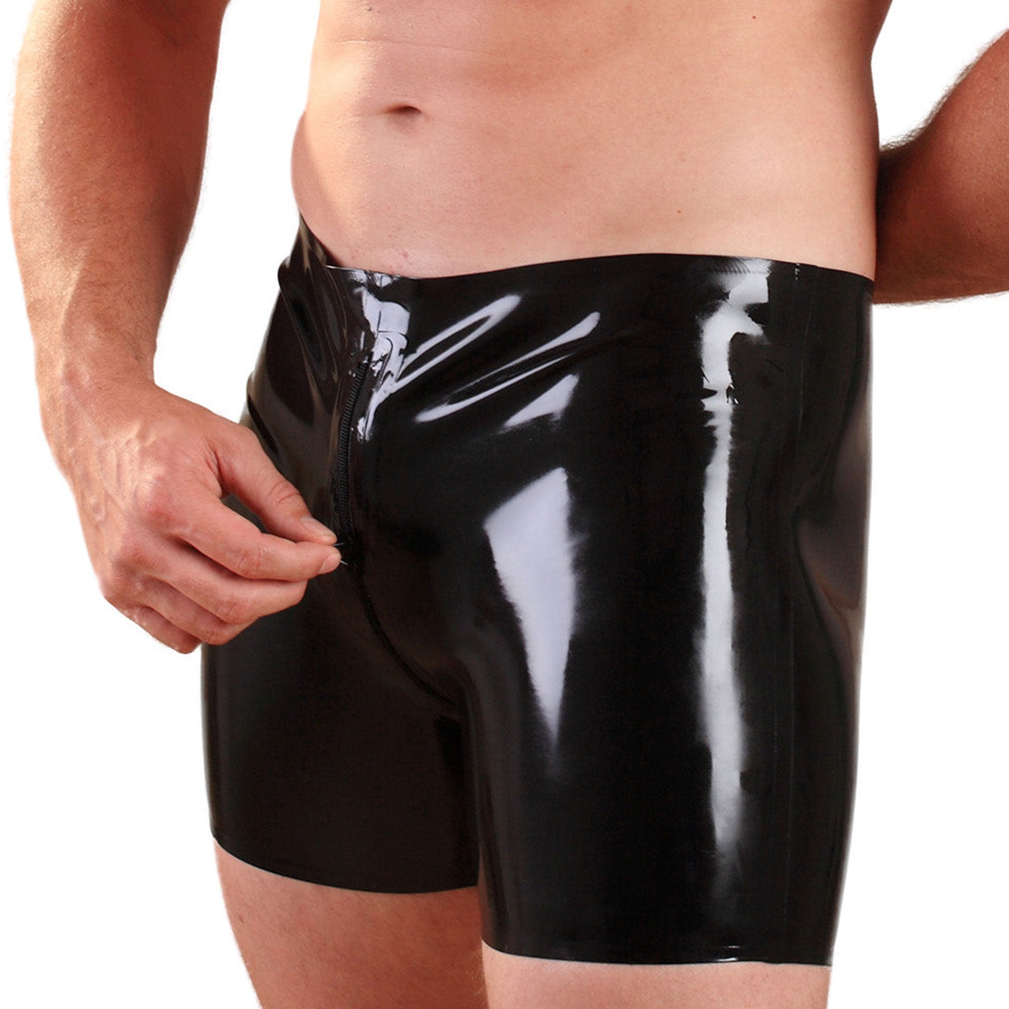 Latex rubber seamed-lated seamed-rubber medium-weight natural-latex bottoms underwear shorts pull-on pullon front-to-back 2way 2-way two-way zipper zip-thru easy-access form-fitting fetish fashion alt-fashion bdsm-gear bdsm-fashion male masculine masc mens menswear guys dudes gay black