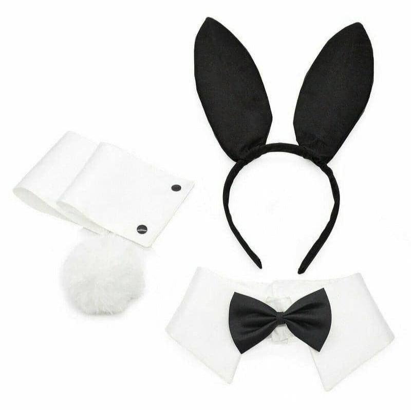 Bunny Ears Costume Set | Bunny Tail Puff, Collar, & Cuff Set | Black & White Bunny Cosplay Accessories | Rabbit Costume Set | Fetish Factory Accessories