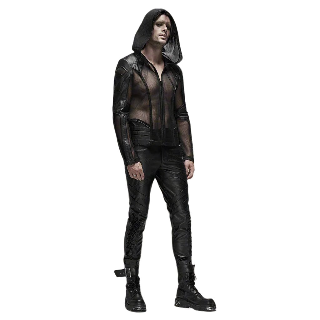 Wetlook Trim Rockstar Mesh Hoodie Jacket – Edgy mesh jacket with wetlook trim, perfect for fetish fashion and rebellious clubwear – Black