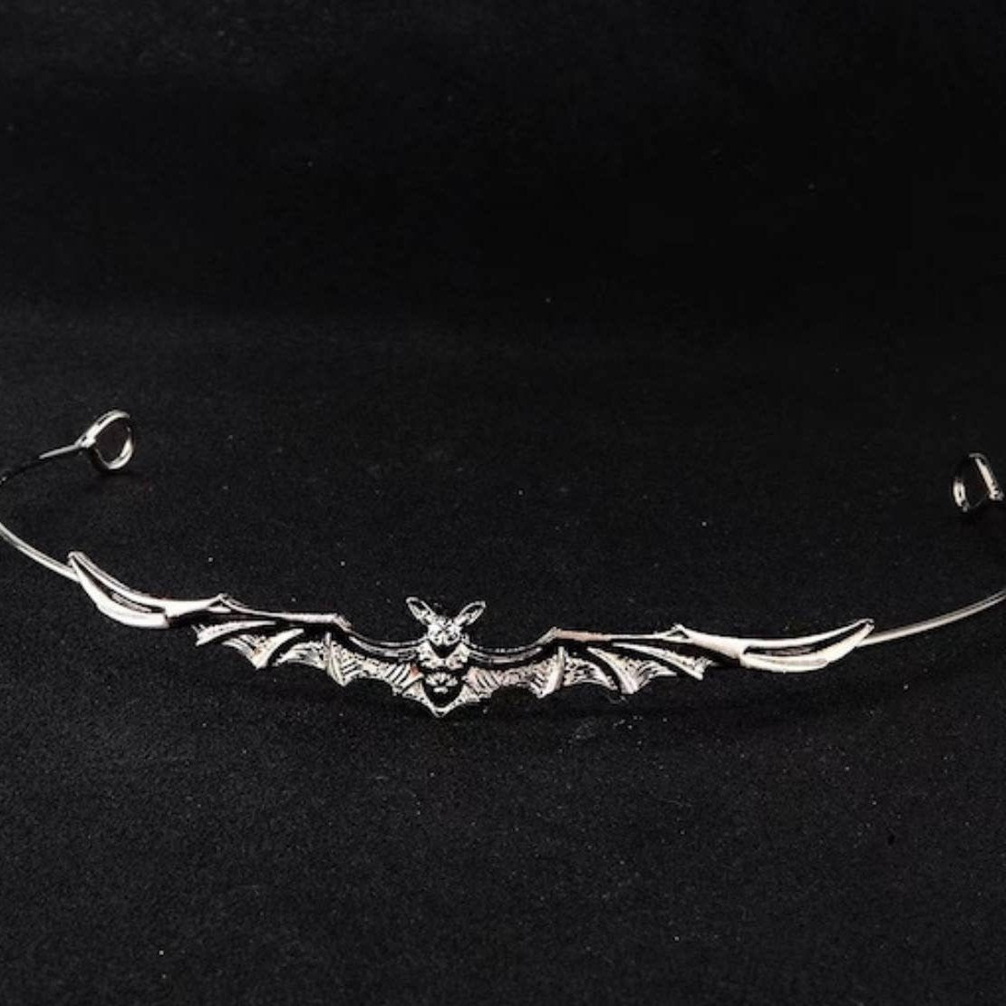 Silver bat forehead band, gothic bat headpiece, silver bat headband, bat forehead accessory, gothic silver headpiece, Halloween bat band.