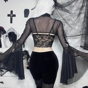 Sheer Black Mesh Top with High Neck and Flared Sleeves