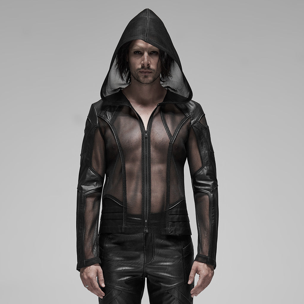 Wetlook Trim Rockstar Mesh Hoodie Jacket – Edgy mesh jacket with wetlook trim, perfect for fetish fashion and rebellious clubwear – Black