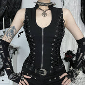 Zip-Up Tank Top with Waist Tie