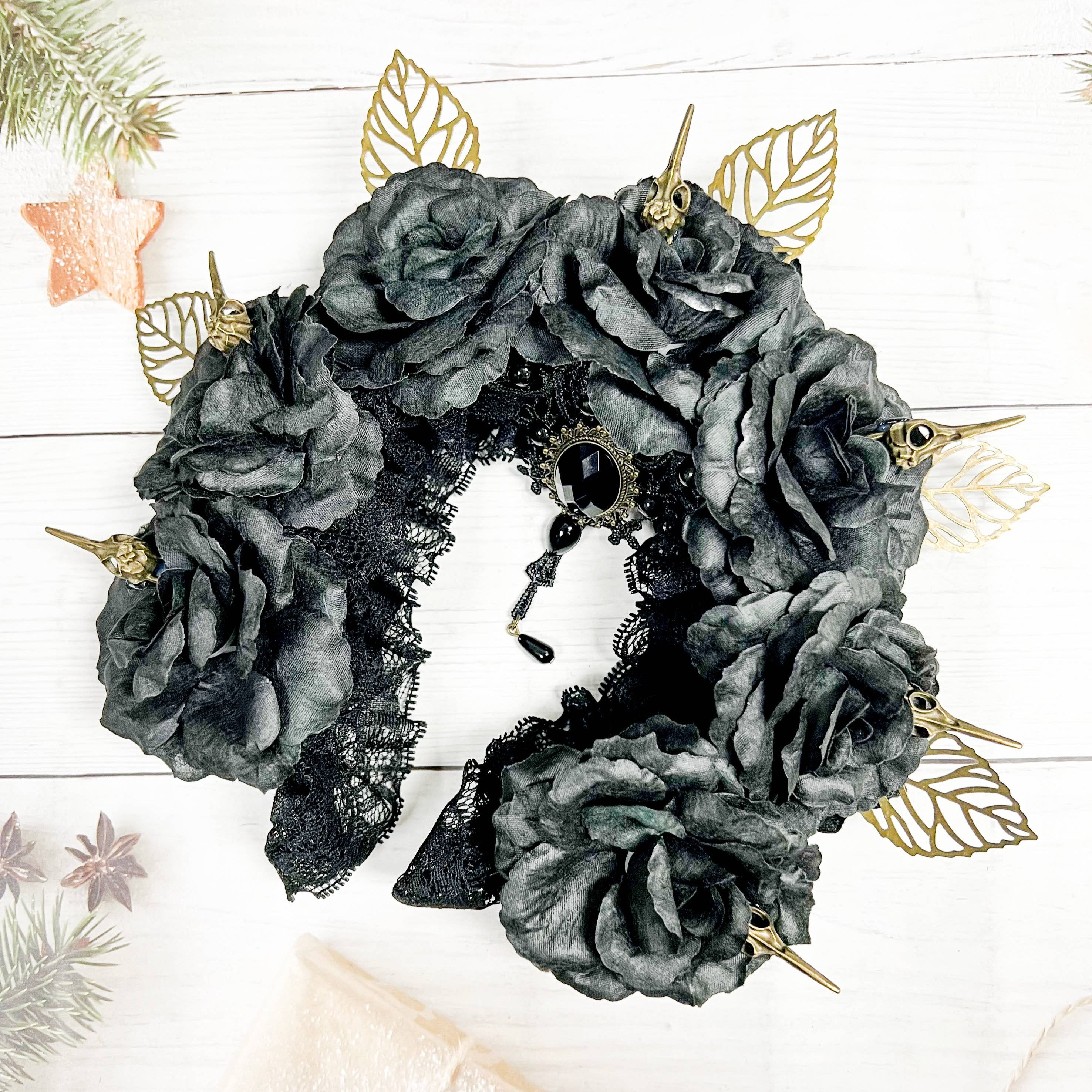 Black Rose headband gothic accessories gold leaves rhinestone crystal headpiece