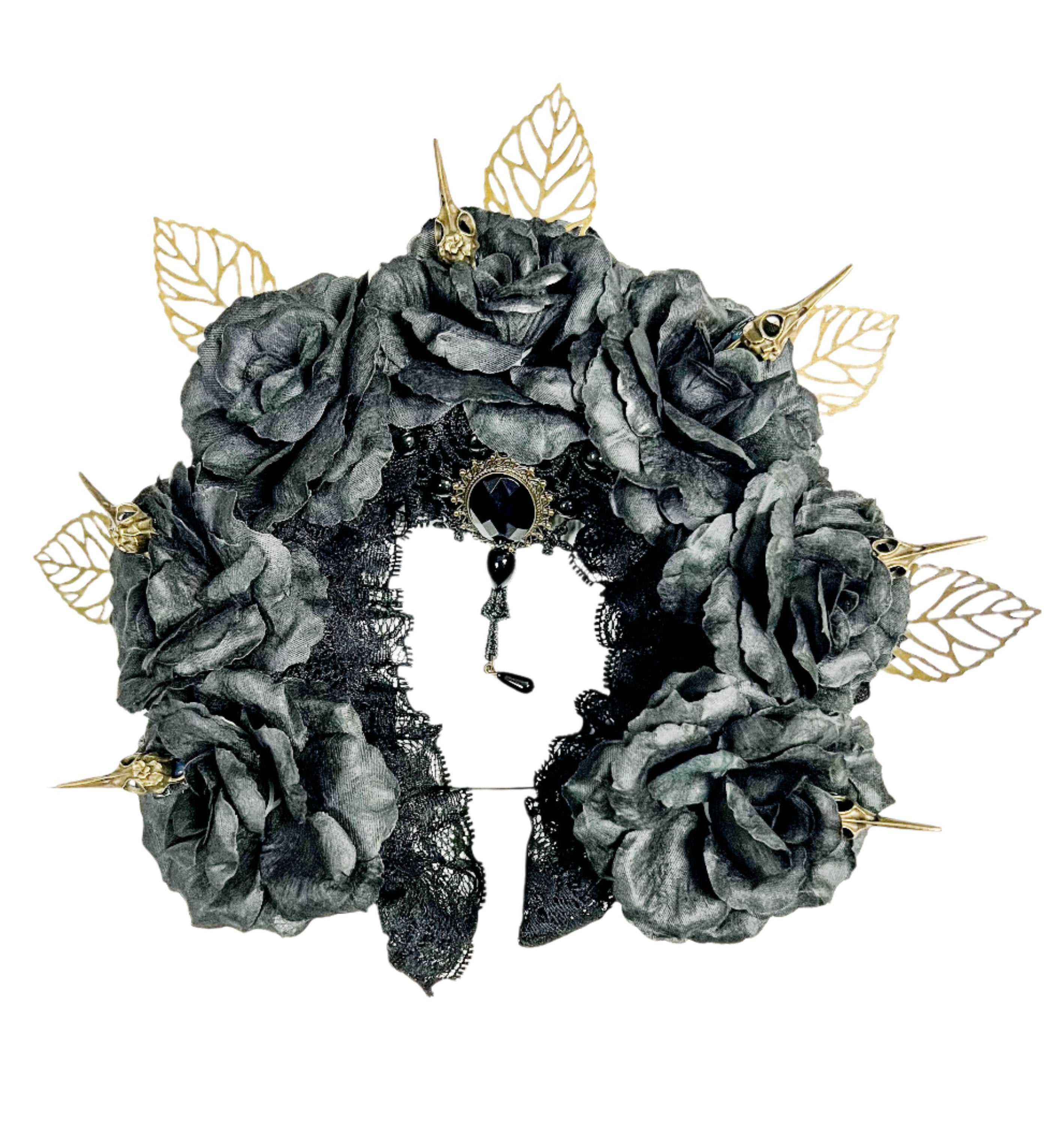 Black Rose headband gothic accessories gold leaves rhinestone crystal headpiece