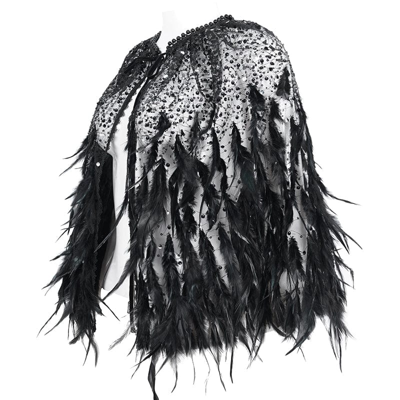  Gothic sheer sequin shawl with black feathers, elegant gothic black shawl, sequin and feather gothic wrap, sheer gothic feather shawl for costumes and parties, fetish gothic accessories