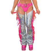 Iridescent Crackle Glass PVC Fringed Chaps With Contrast Belt