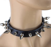 3/4" BLACK LEATHER CHOKER WITH 1/2" AND 1" SPIKES