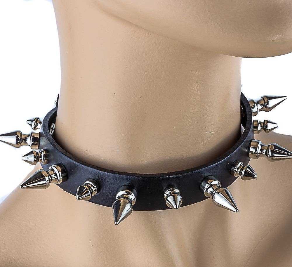 3/4" BLACK LEATHER CHOKER WITH 1/2" AND 1" SPIKES