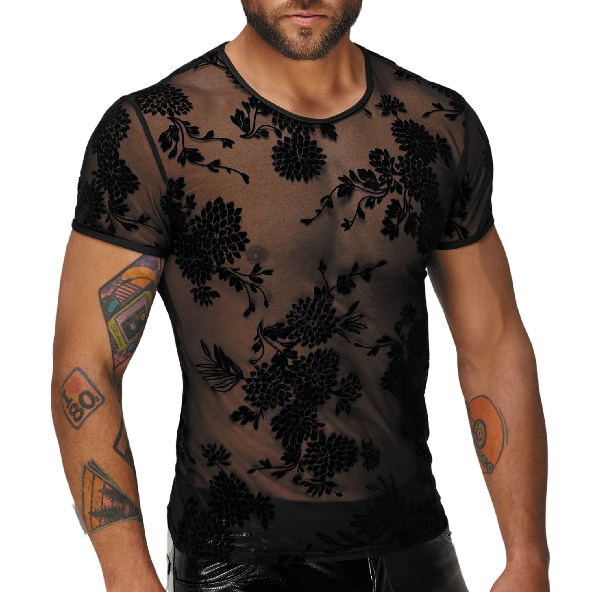 Floral Velvet Flocked Sheer Mesh T-shirt