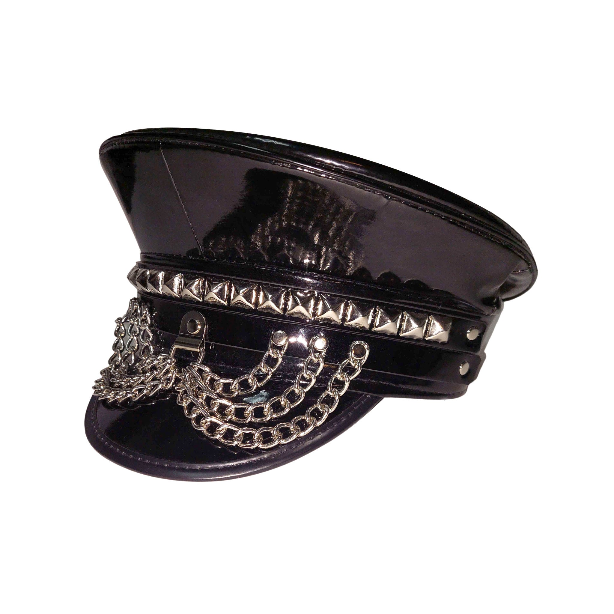 Patent studded leather military police captain hat headgear hanging chains acessories halloween black