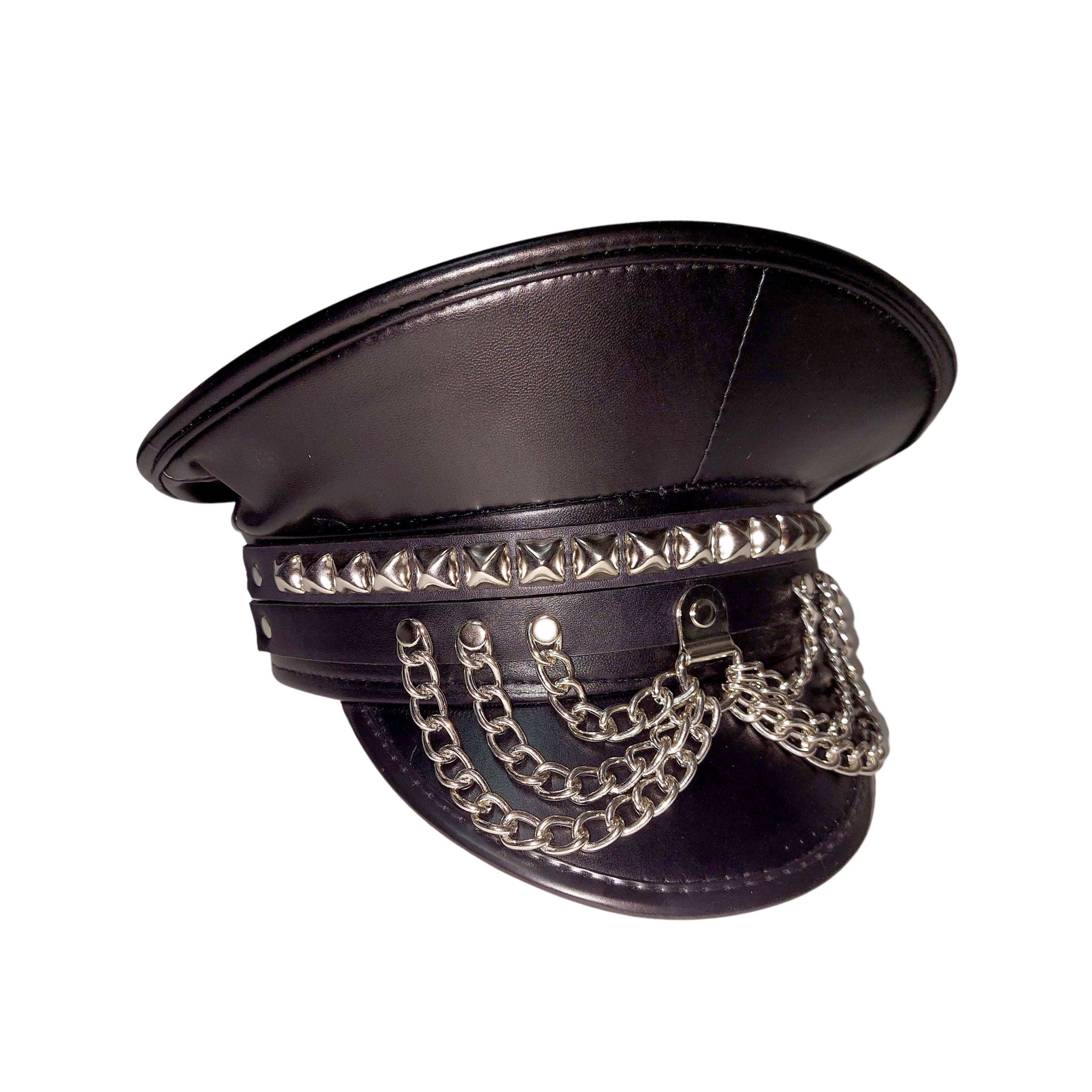 Matte studded leather military police captain hat headgear hanging chains acessories halloween black