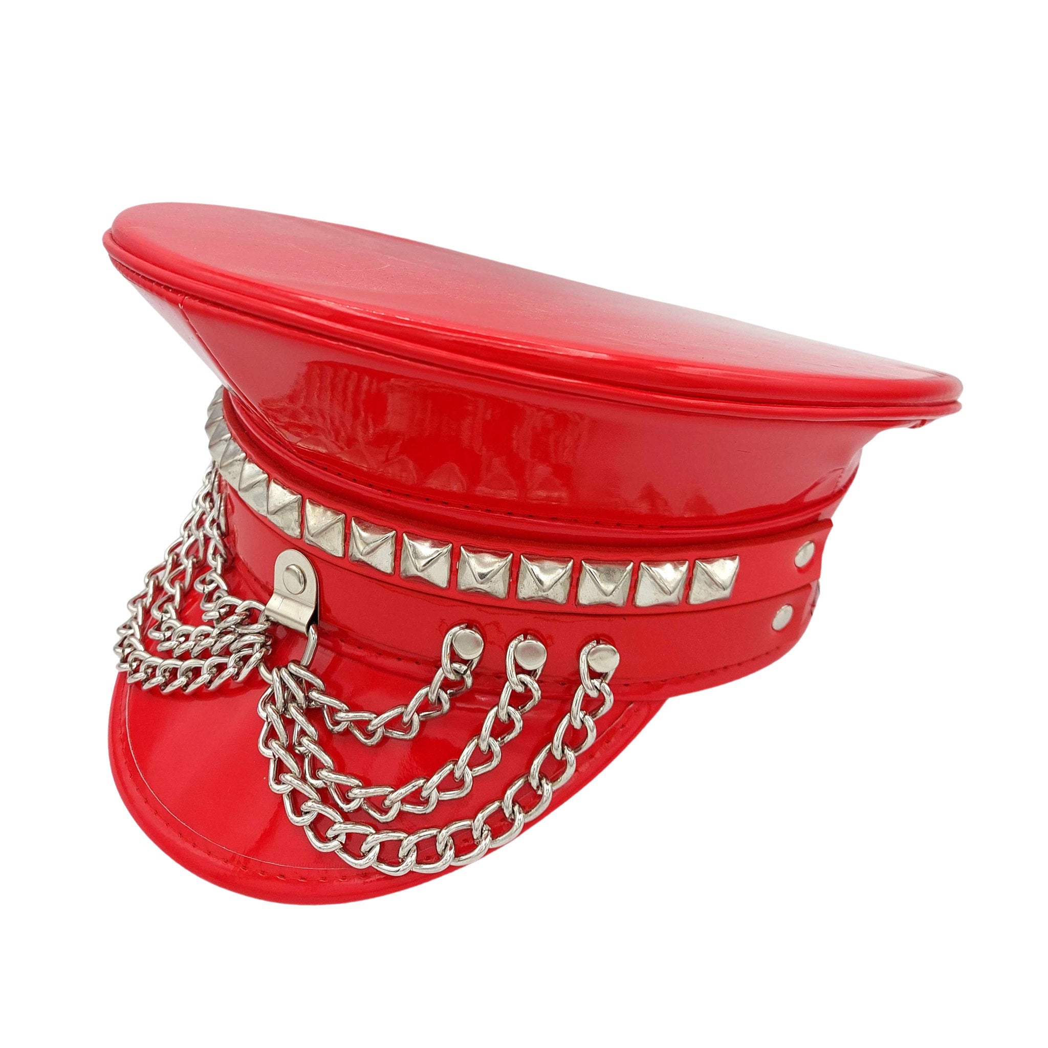 Patent studded leather military police captain hat headgear hanging chains acessories halloween red