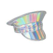 PVC military police captain hat headgear simple strap holographic accessories halloween rave silver