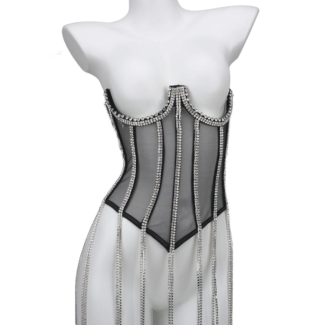 Sheer Underbust Corset with Dangling Rhinestone Trim