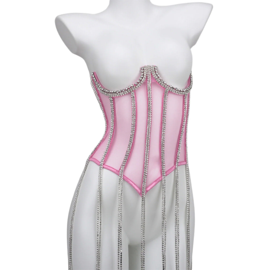 Sheer Underbust Corset with Dangling Rhinestone Trim