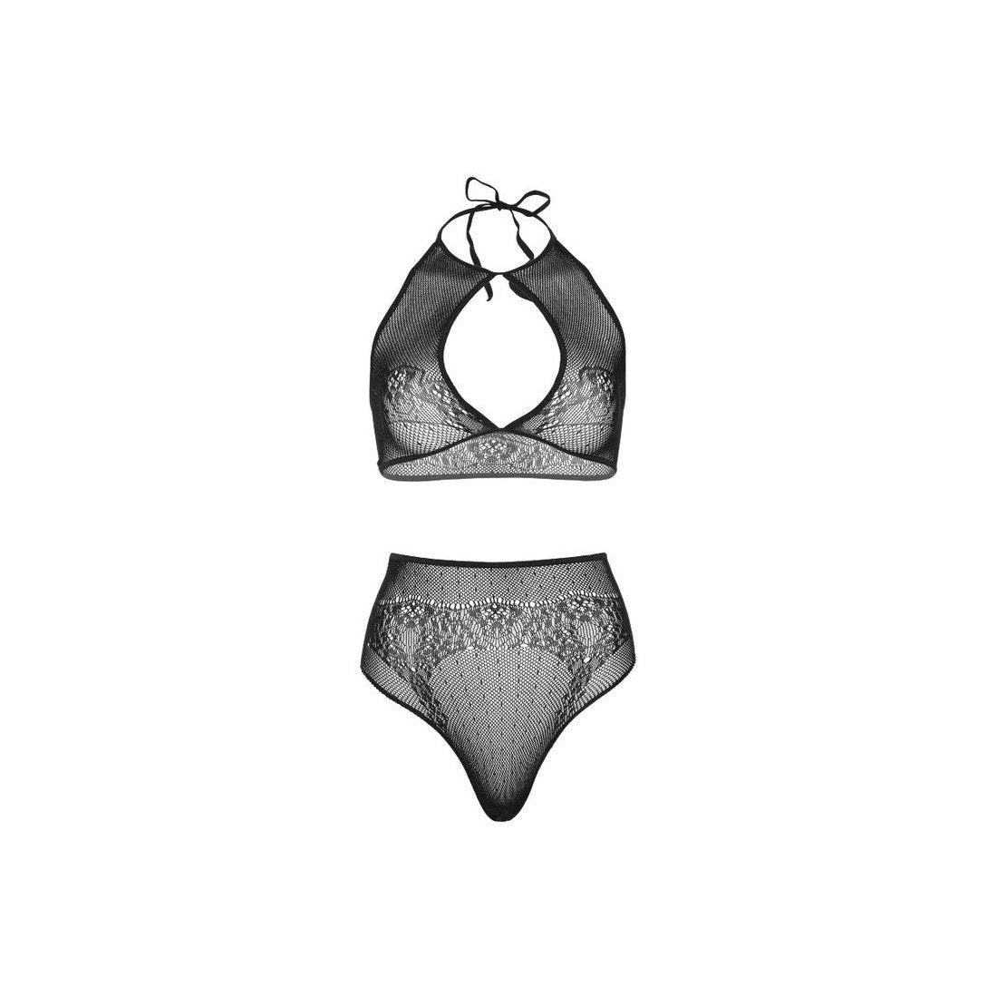 Fishnet halter-style crop top high-waist thong lingerie set dotted lace detail