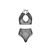 Fishnet halter-style crop top high-waist thong lingerie set dotted lace detail