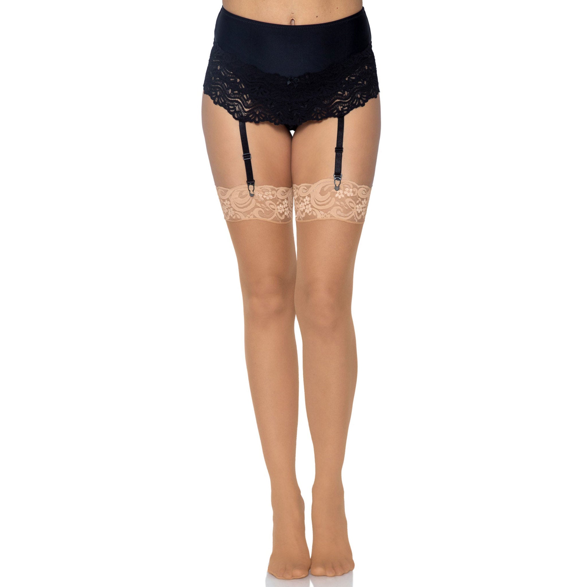 Sheer thigh-high stretchy seamless breathable barely-there woven lace top stockings nude