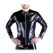 Crackled Glass Textured Latex Nehru Front Zip Long Sleeve Jacket