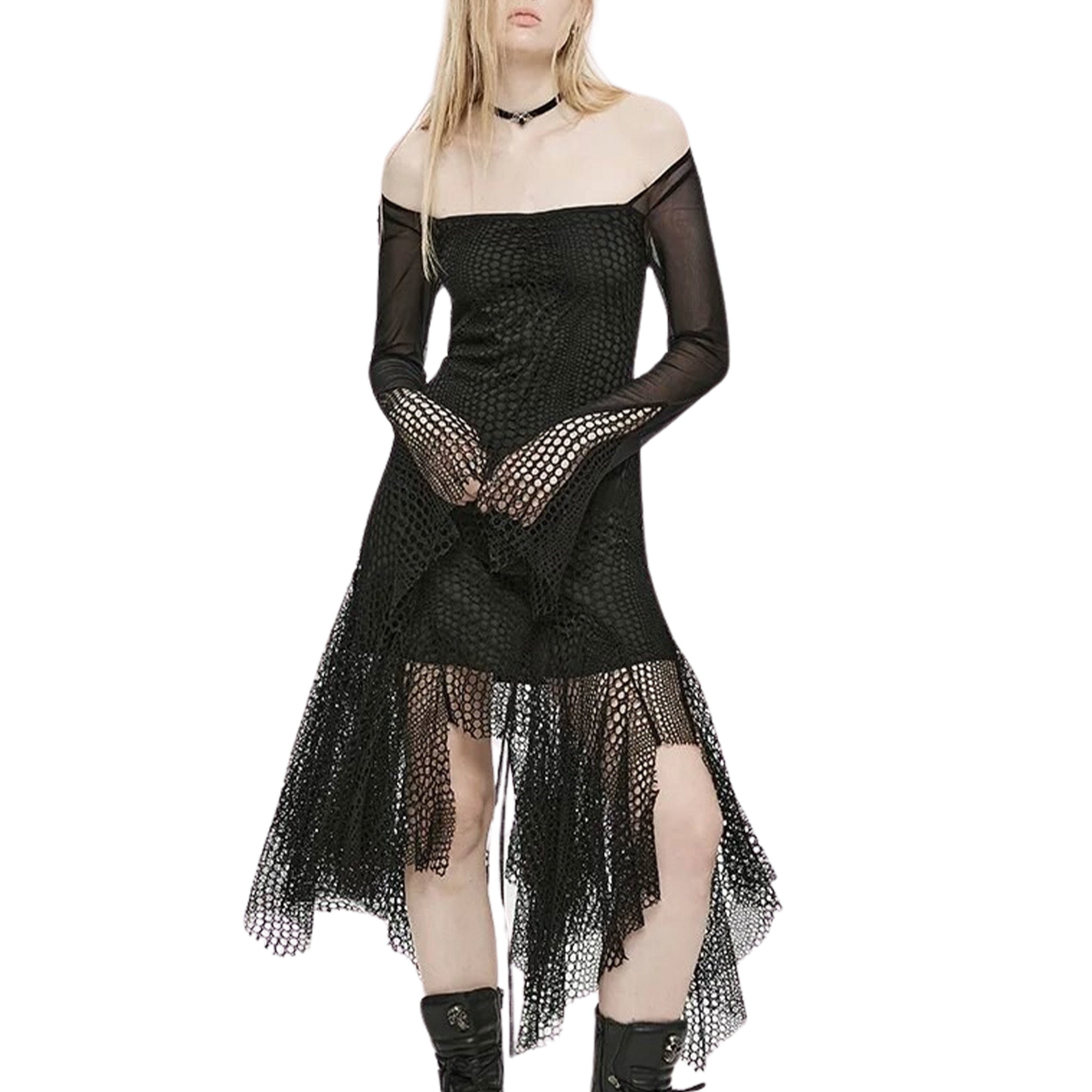 Witch Fishnet Tassels Mesh Long Sleeve Lace Back Dress