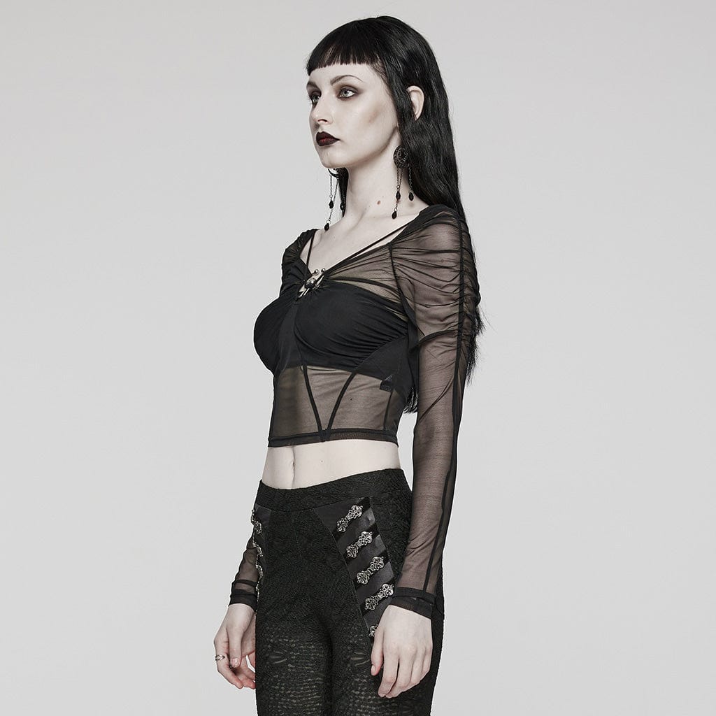 Gathered Mesh Long Sleeve Top | Gothic Hollow-Out Top | Skull Buckle Mesh Top | Sexy Mesh Long Sleeve Top | Women's Gothic Mesh Top