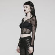 Gathered Mesh Long Sleeve Top | Gothic Hollow-Out Top | Skull Buckle Mesh Top | Sexy Mesh Long Sleeve Top | Women's Gothic Mesh Top