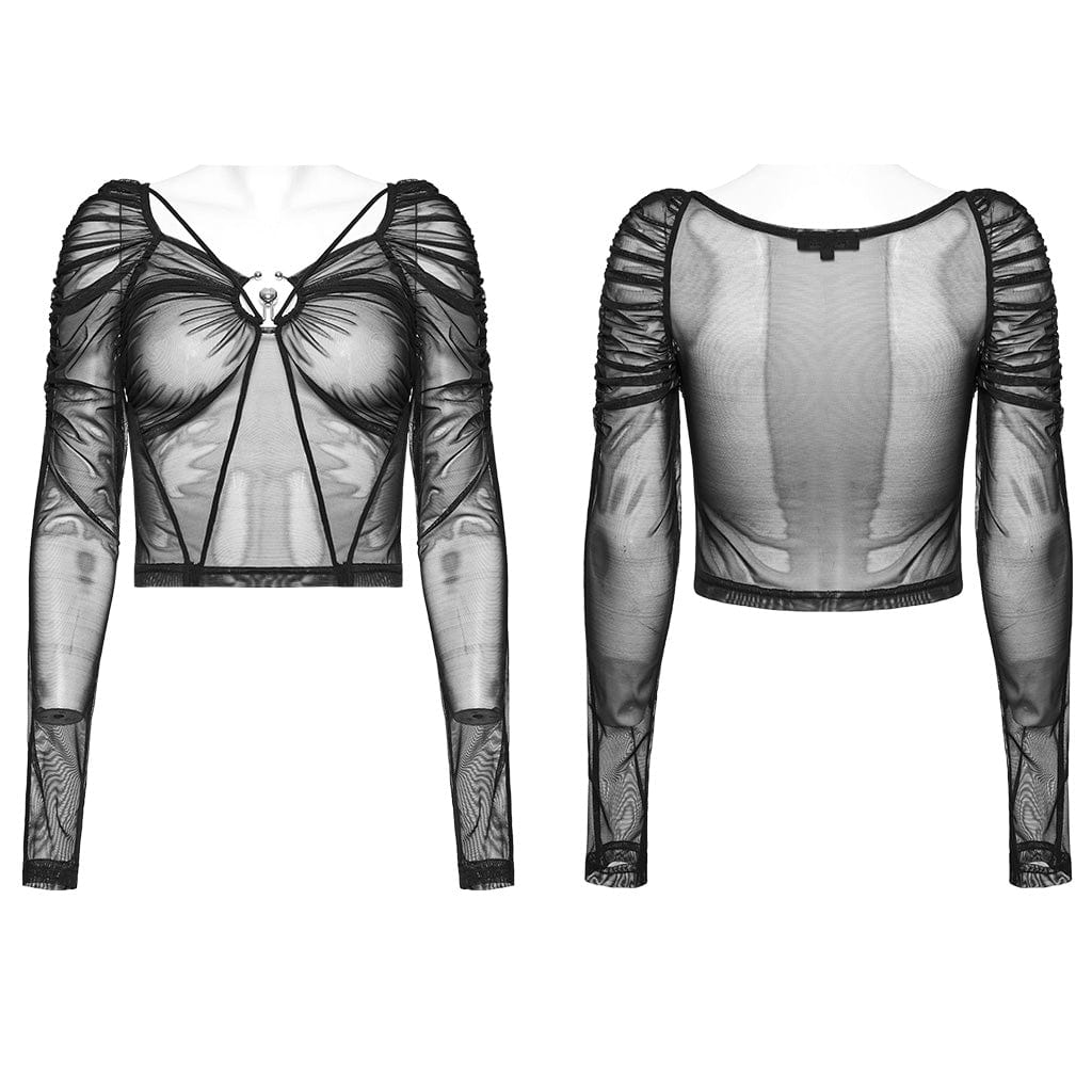 Gathered Mesh Long Sleeve Top | Gothic Hollow-Out Top | Skull Buckle Mesh Top | Sexy Mesh Long Sleeve Top | Women's Gothic Mesh Top