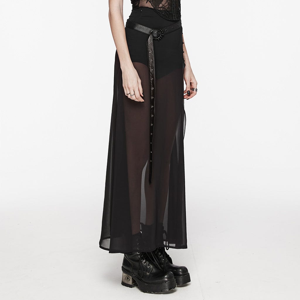 Gradient Mesh Split Chiffon Maxi Skirt with Belt