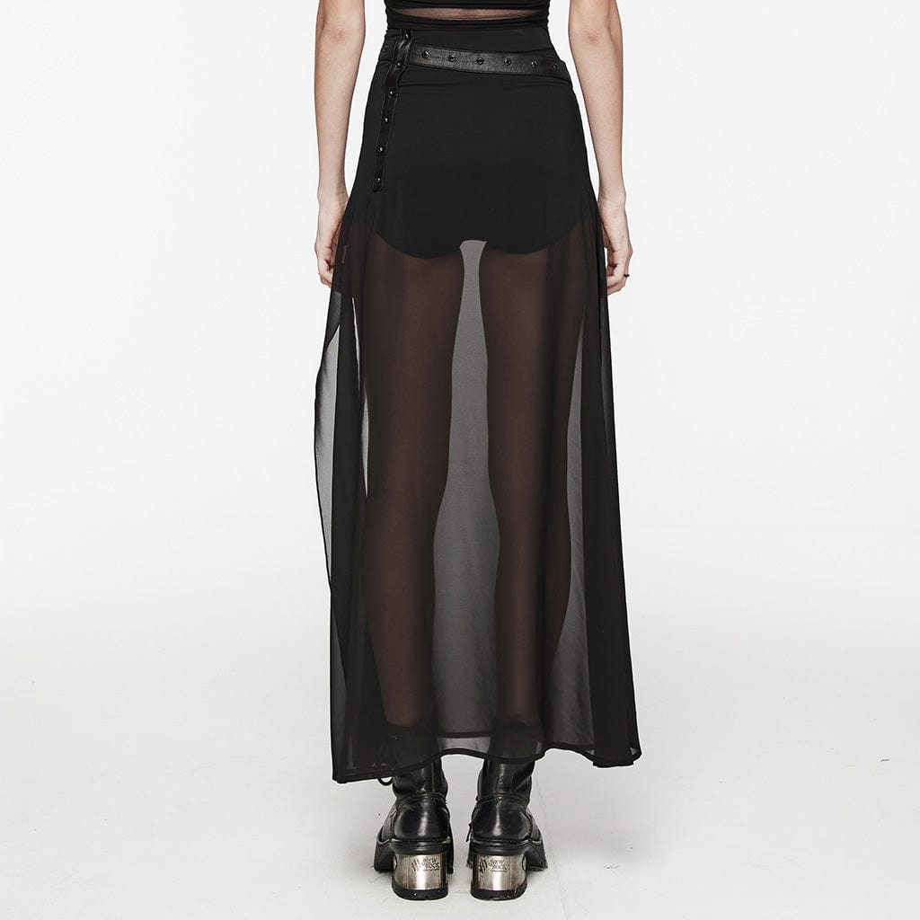 Gradient Mesh Split Chiffon Maxi Skirt with Belt