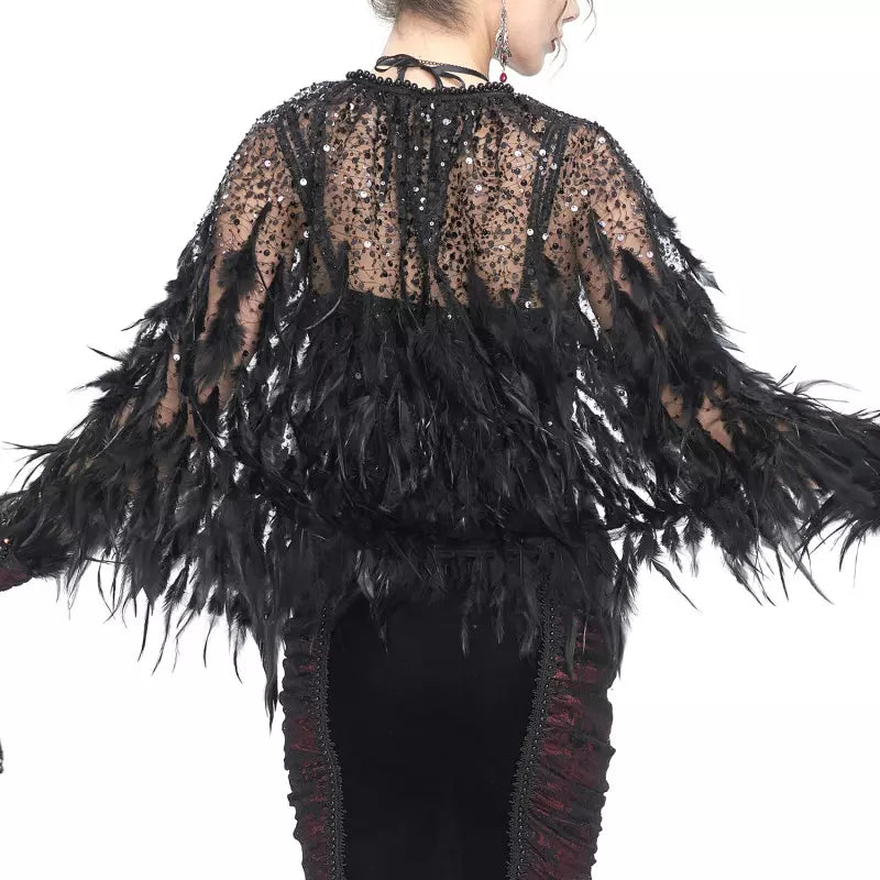  Gothic sheer sequin shawl with black feathers, elegant gothic black shawl, sequin and feather gothic wrap, sheer gothic feather shawl for costumes and parties, fetish gothic accessories