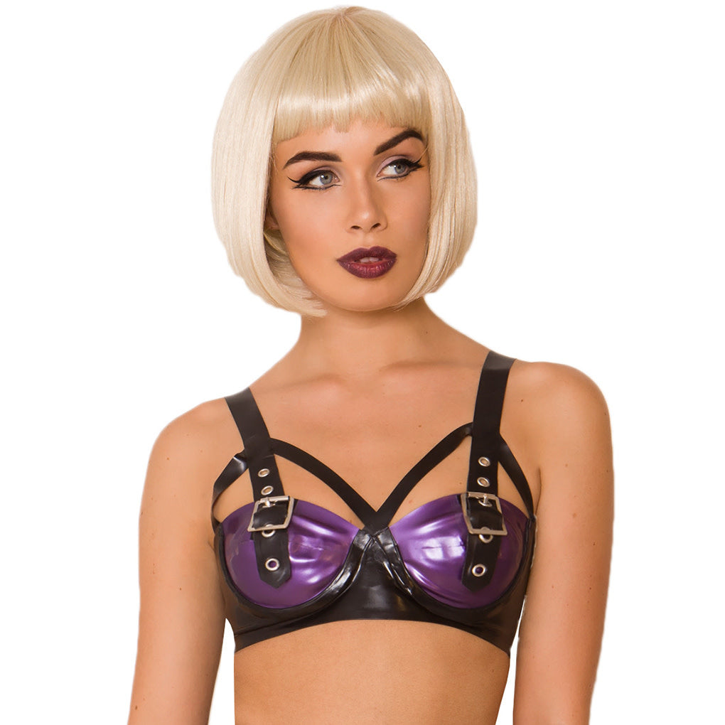 Metallic Latex Wired Cup Bra with Buckles