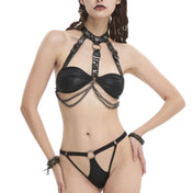 Wetlook Harness Bra Top with Hanging Chains & Bikini Set