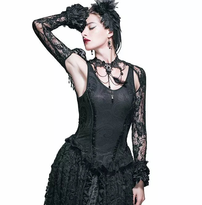 Dangling Chains lace sleeves shrug | Gothic black bolero with lace sleeves | Floral lace bolero with fringe | Women’s gothic shawl with ruffles | Alternative fashion lace shrug | Black lace sleeves bolero

