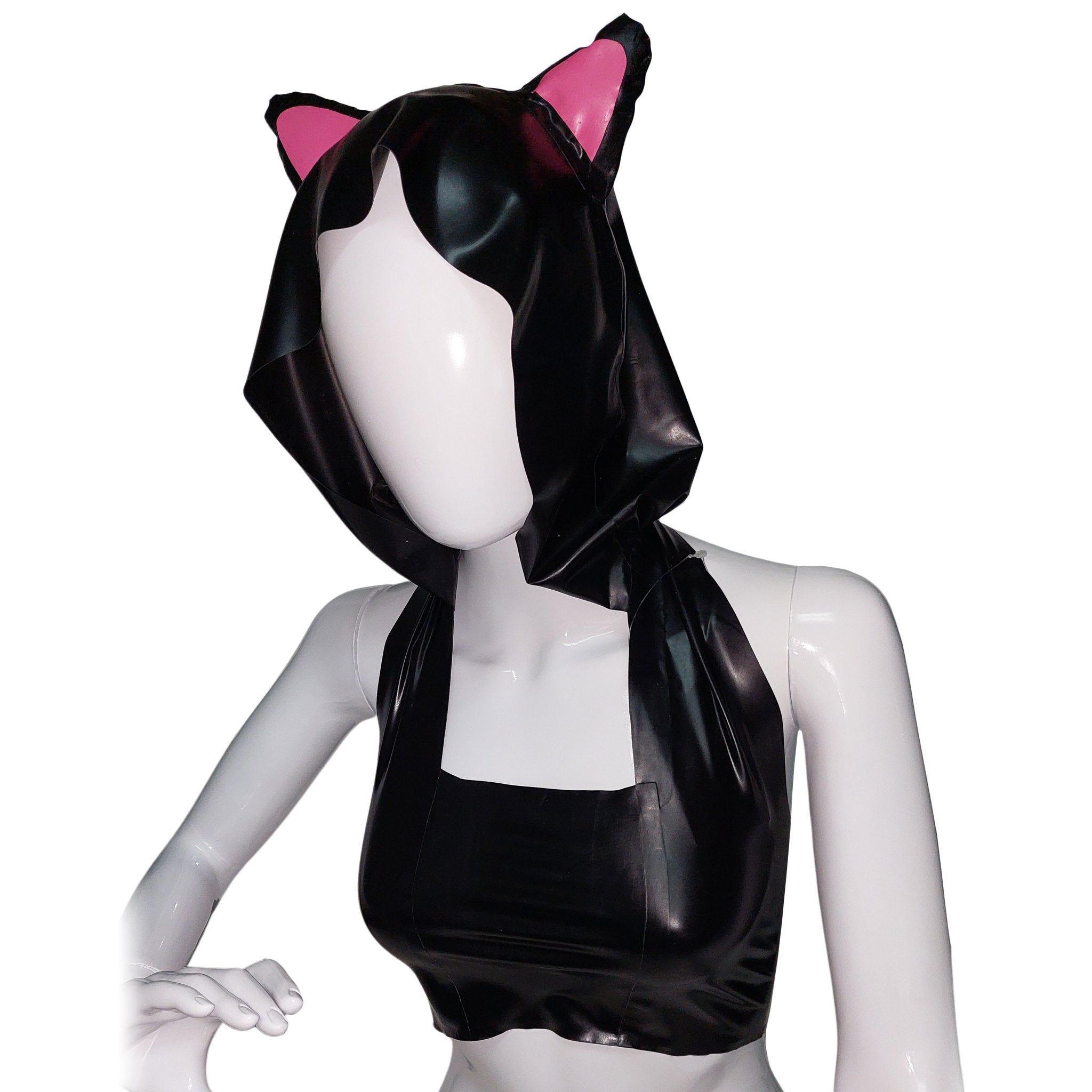 Latex Crop Halter Top with Cat Ears Hoody