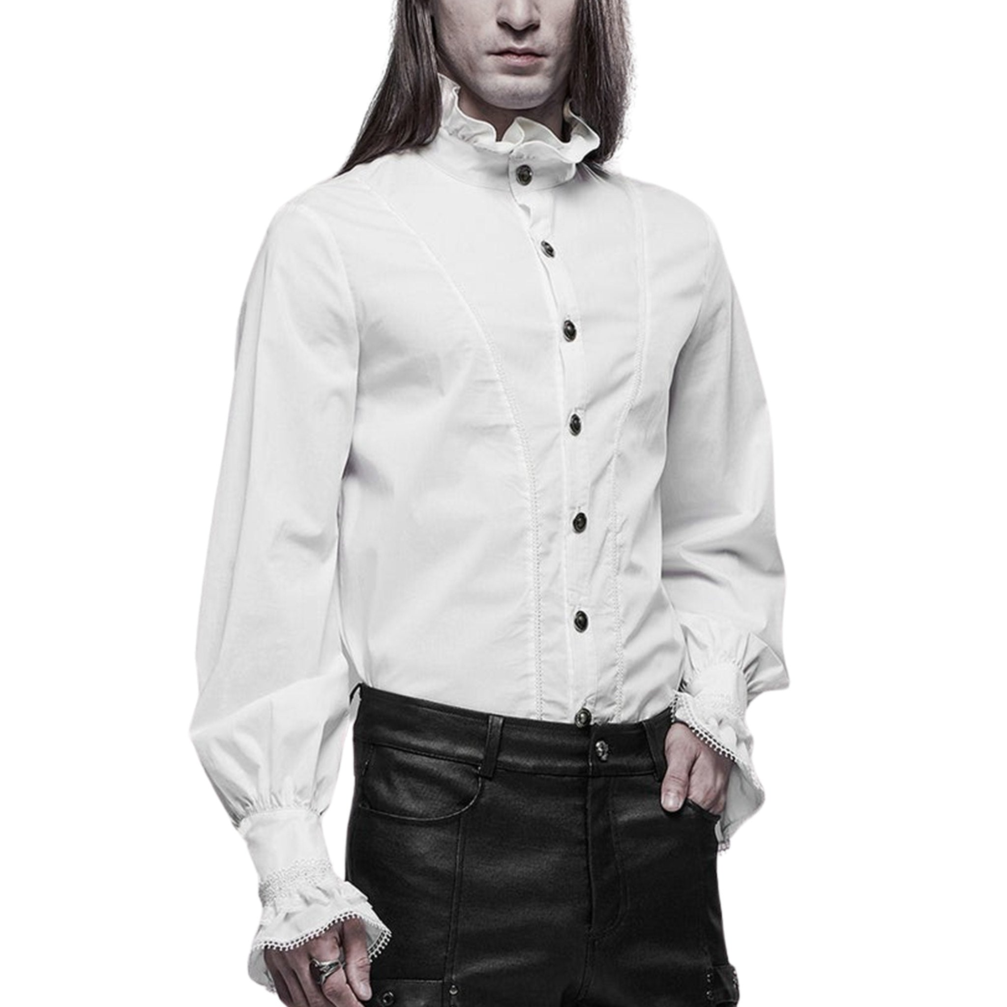 Ruffle Neck & Embroidery Lace Bell Cuffs Aristocratic Shirt – Elegant fetish shirt with ruffled neck, embroidery, and dramatic bell cuffs – Sexy aristocratic fashion