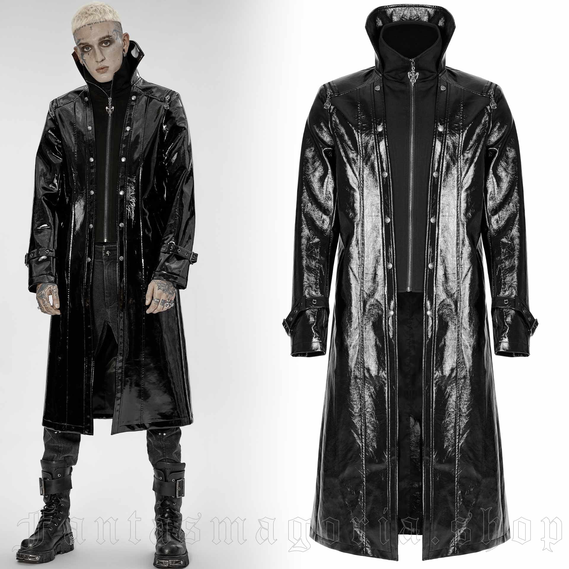 Terminator Matrix PVC Goth Trench Coat – Sleek black PVC trench coat, cyberpunk-inspired gothic fashion – Fetish clothing for cosplay and events