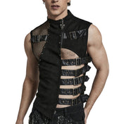 Buckled One Asymmetrical Side Mesh Vest – Suede, leather, and mesh vest with buckles and O-ring detailing – Edgy gothic fashion vest