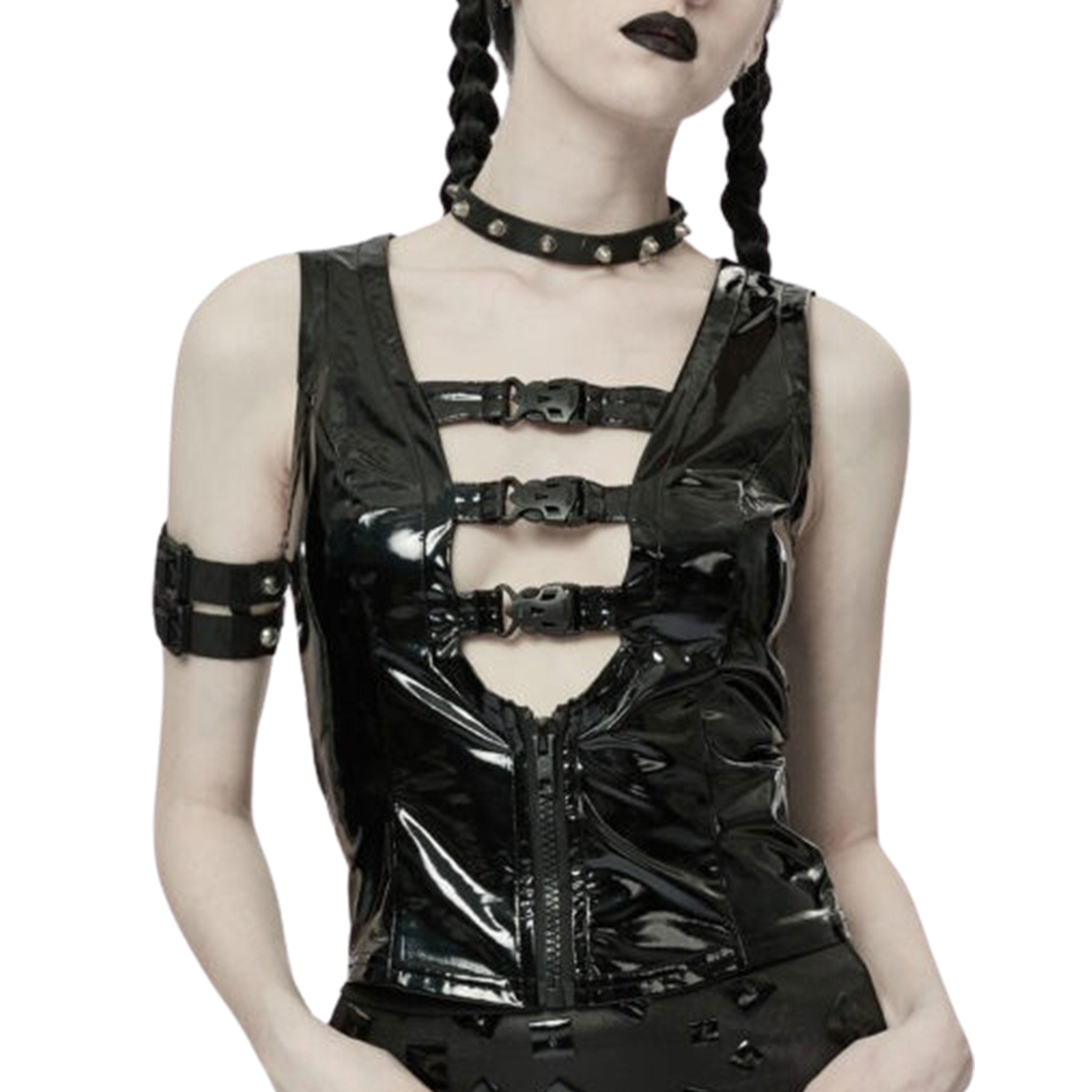 PVC Buckle Zip Front Sleeveless Top