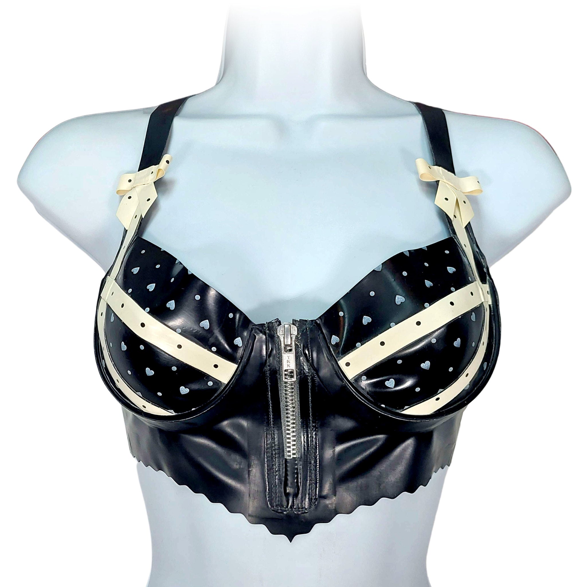 Pin-Up Hearts & Polka Dot Print Latex Bra Black & White