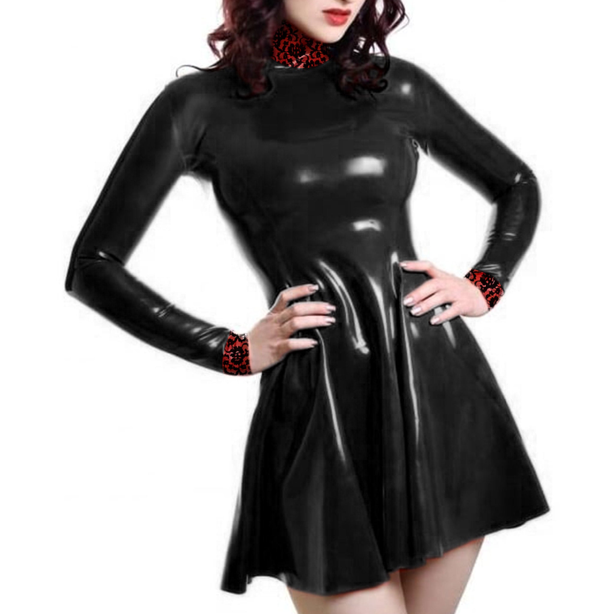Long Sleeve Latex Swing Dress With Contrast Lace Collar & Cuffs Size L