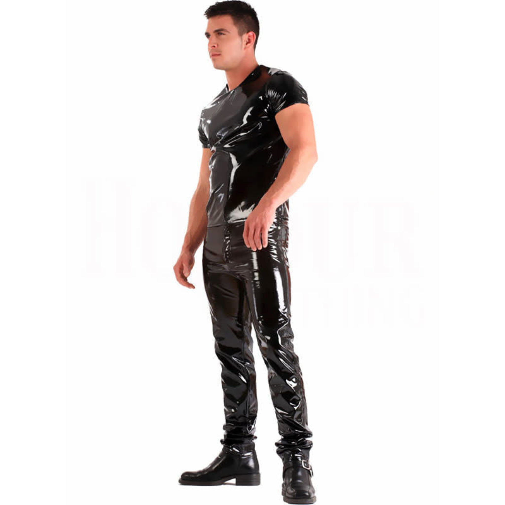 501 style PVC jeans shiny vinyl jeans five pocket PVC pants boot cut fetish jeans glossy black PVC trousers metallic hardware zipper snap closure vinyl fashion kink wear PVC denim style pants glossy fetish bottoms shiny five pocket jeans.