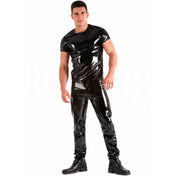 501 style PVC jeans shiny vinyl jeans five pocket PVC pants boot cut fetish jeans glossy black PVC trousers metallic hardware zipper snap closure vinyl fashion kink wear PVC denim style pants glossy fetish bottoms shiny five pocket jeans.