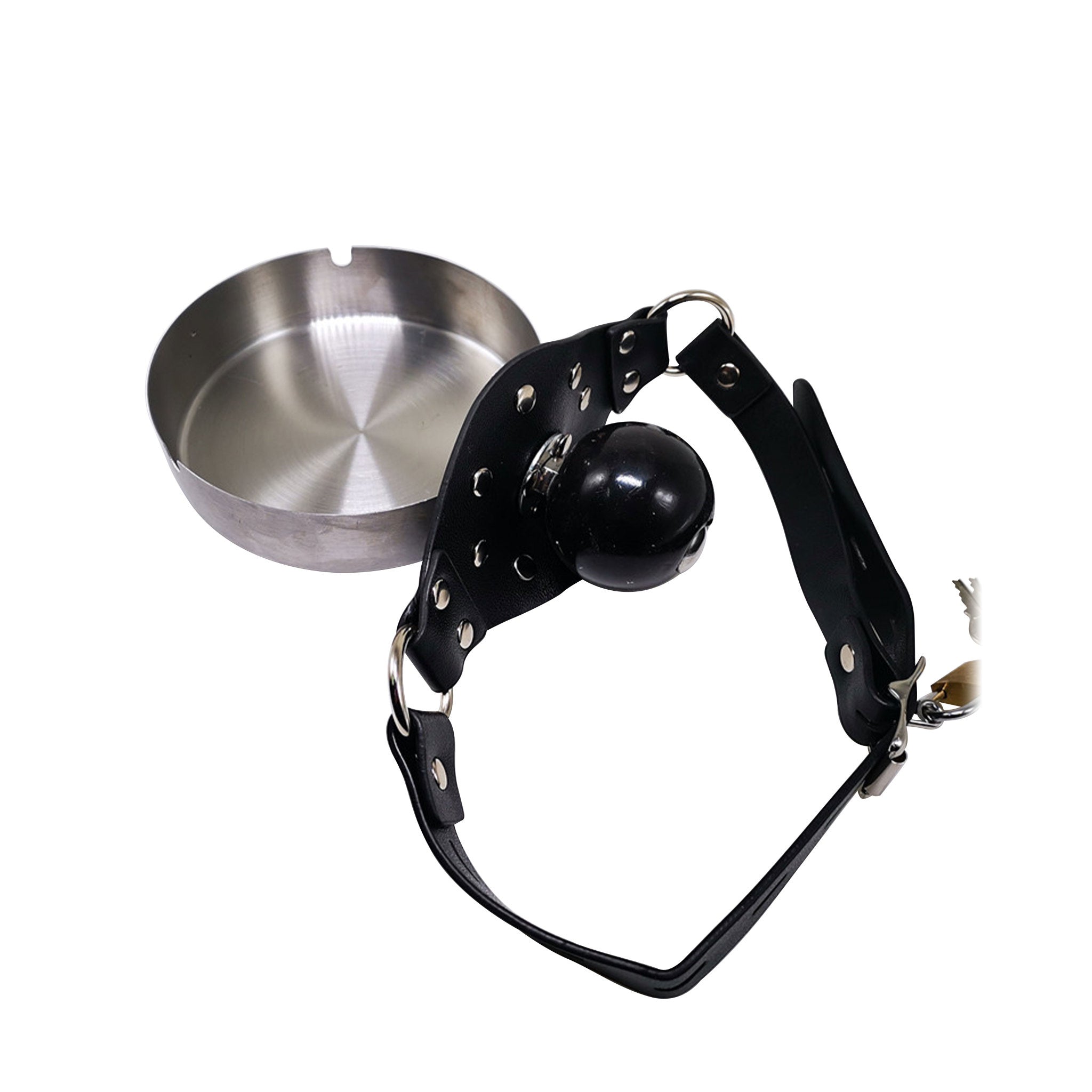 ash tray ball gag lockable silicone faux leather adjustable strap steel ashtray BDSM fetish gag accessory