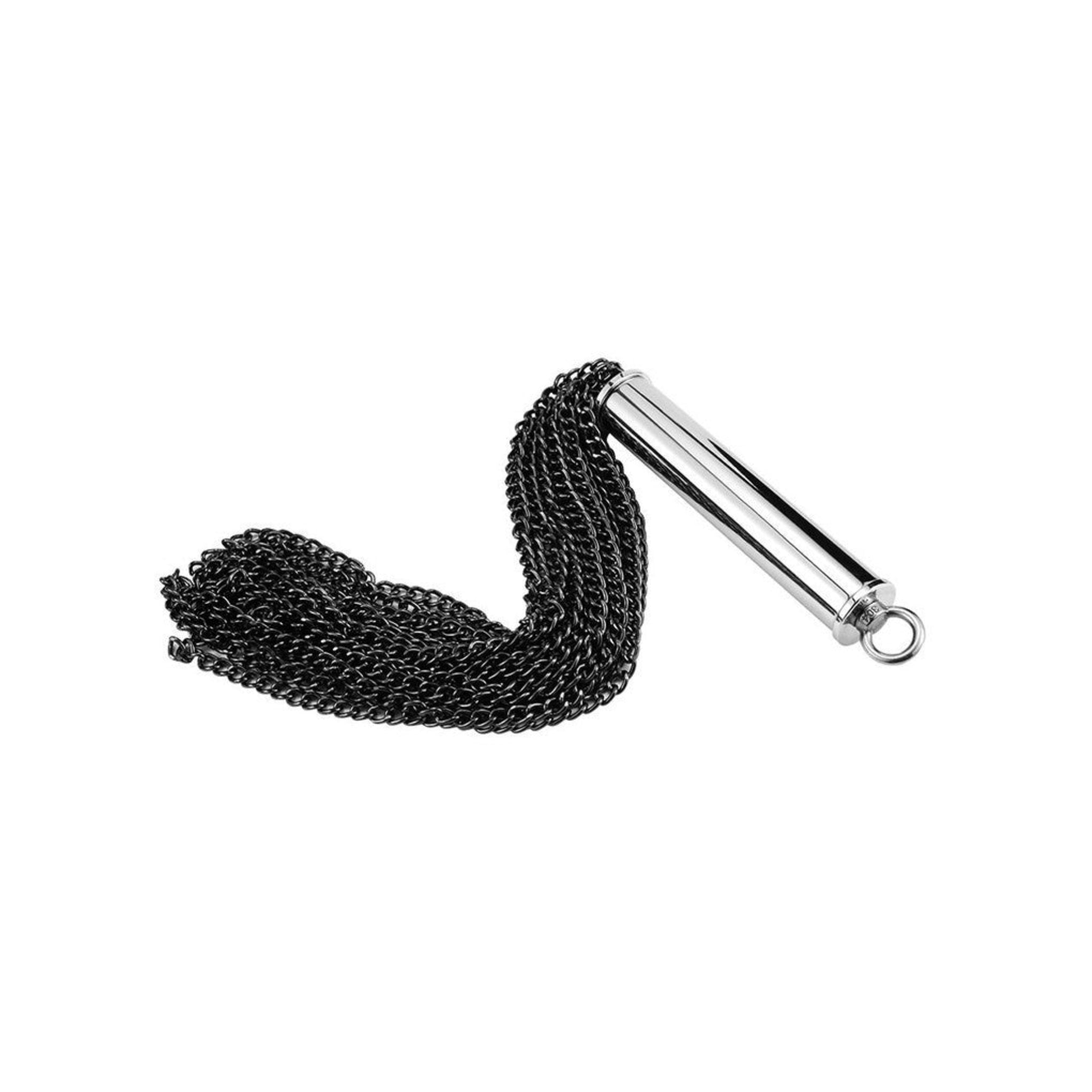 BDSM flogger with hidden plug, black chain flogger, dual-purpose impact toy, anal play flogger, bondage whip.